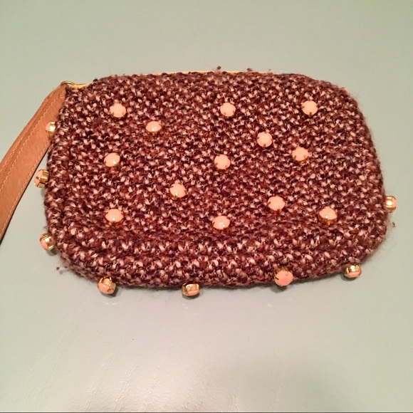Anthropologie Winter Brown Tweed Albright Rhinestone Jewel Zip Clutch Bag Purse - Picture 2 of 3